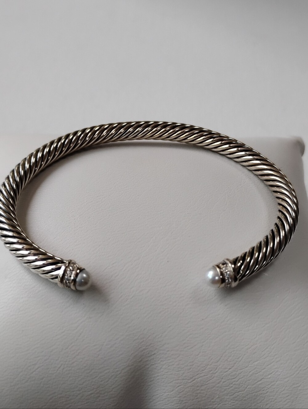 David Yurman Sterling Silver Twisted Cable Cuff Bracelet with Pearls and Diamond